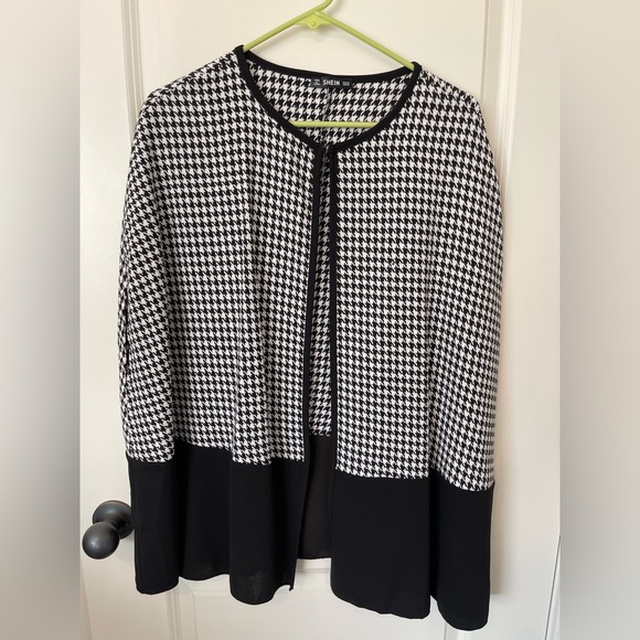 SHEIN Houndstooth Colorblock Batwing Sleeve Open Front Coat - Picture 1 of 3